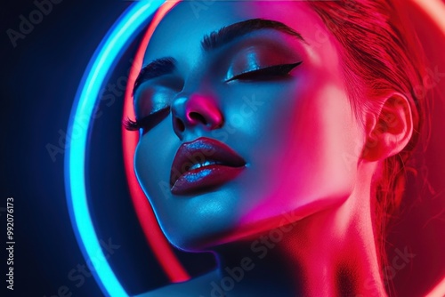 A woman wearing sunglasses and a black jacket stands in front of a neon circle, generative ai image