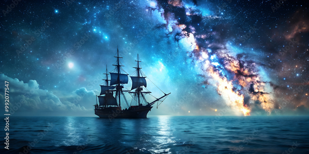 Pirate ship sailing through bioluminescent sea under a galaxy sky, Pirate ship, bioluminescence, sea, galaxy, night Pirate ship sailing through bioluminescent sea under a galaxy sky, Pirate ship, bioluminescence, sea, galaxy, night