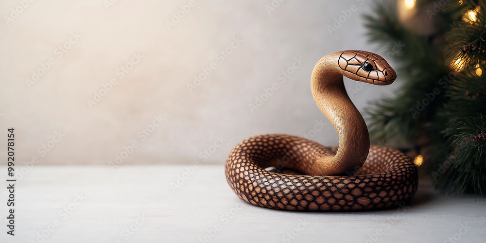Fototapeta premium Chinese New Year 2025, wooden snake decoration, wood sculpture, festive decor, holiday ornament, snake concept