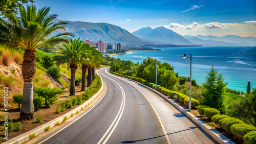 Beautiful road view in Vlora, Albania during summer , Vlora, Albania, road, view, summer, mountains, blue sky photo