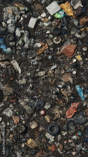 Stretch of rubbish, depicting a dirty, ruined landscape that conveys a strong sense of degradation and filth. The scene should be filled with overwhelming mountains of trash photo