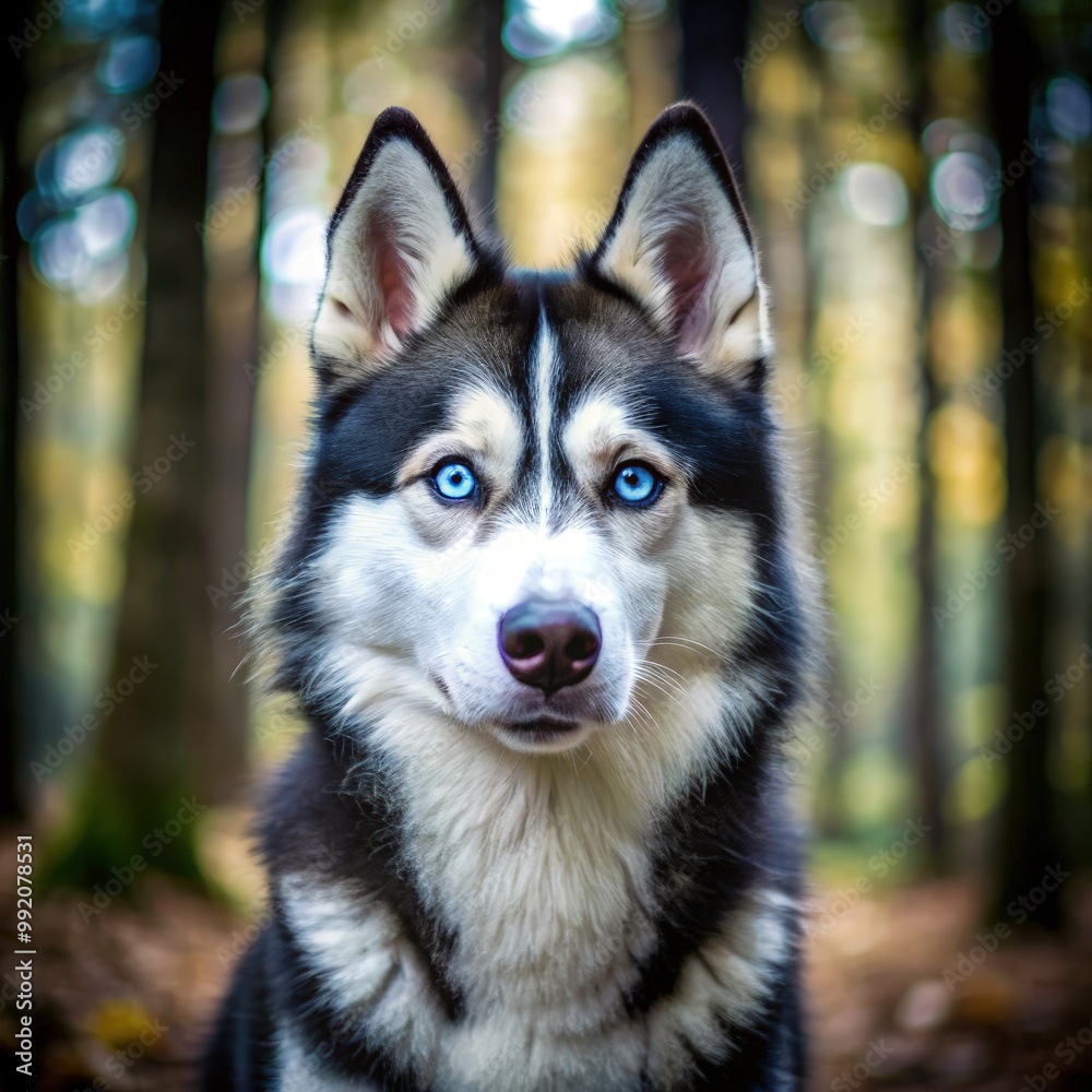 Black and white husky with blue eyes posing in a serene forest setting. Generative AI Black and white husky with blue eyes posing in a serene forest setting. Generative AI