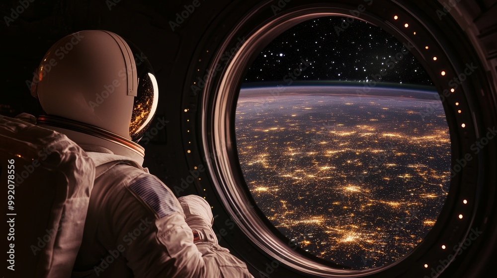 Astronaut gazing at Earth from spaceship porthole, city lights and planet view. Astronaut gazing at Earth from spaceship porthole, city lights and planet view.