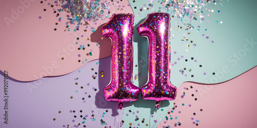 Shiny number 11 balloon, confetti, festive design background