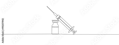 Drawing of syringe, vial and ampoule with medicine in one continuous editable line. Symbol of pharmaceutical drugs and vaccines. Vector line illustration.