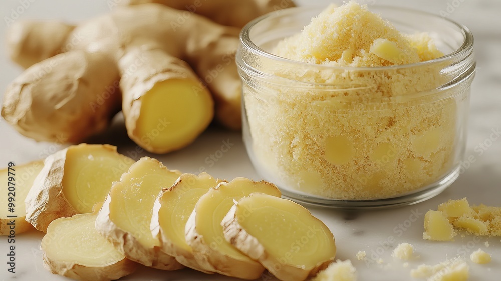 Cut ginger into slices or grind it into a powder for use in cooking and baking. Cut ginger into slices or grind it into a powder for use in cooking and baking.
