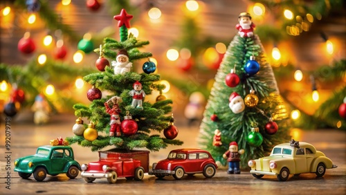 Charming Christmas tree with Santa toys and vintage cars decorated for the holiday. Generative AI