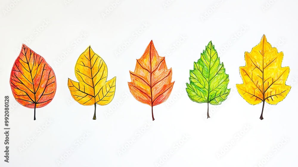 Fototapeta premium Cute autumn leaf drawings for kids! These hand-drawn leaves are perfect for teaching about the fall season or for any fall-themed project.