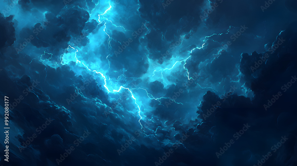Fototapeta premium An abstract thunderstorm, with jagged lightning bolts cutting through dark clouds, casting electric blue light across the sky