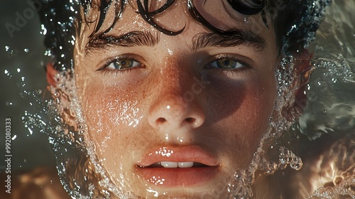 Close-up Portrait of a Young Man with Water Splashing on His Face