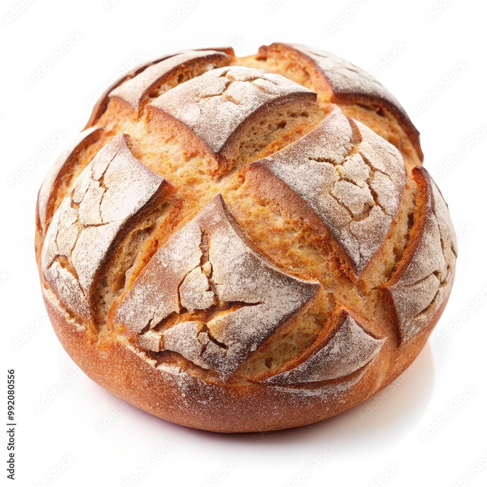 Rustic craft bread with a golden crust and unique scoring on a white background. Generative AI Rustic craft bread with a golden crust and unique scoring on a white background. Generative AI