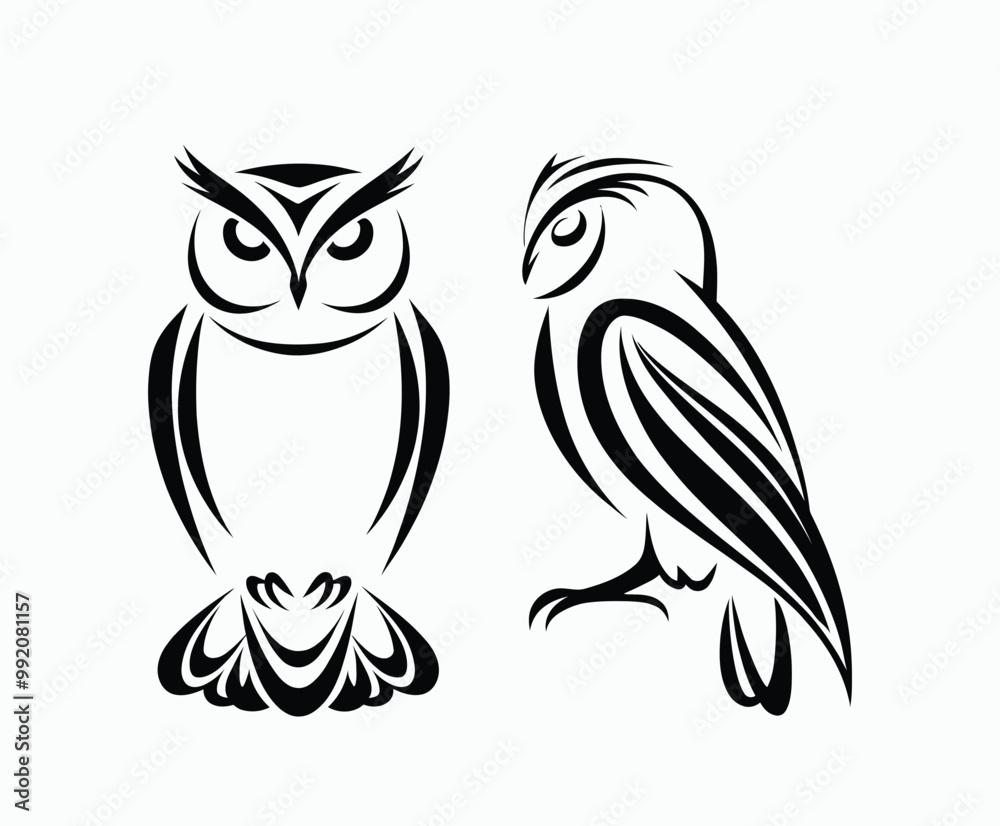 Fototapeta premium Owl bird silhouette editable EPS vector isolated illustration template on a white background