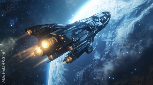 Wallpaper Mural Hypersonic Spaceship Soaring Past Earth - A futuristic spacecraft streaks through the cosmos, leaving the blue marble behind. Torontodigital.ca