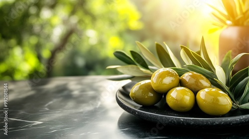Olive fruits arranged a spiral pattern on a sleek black marble countertop in a highend kitchen with modern decor and bright sunlight softly blurred behind Scientific name Olea europaea