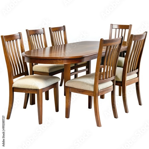 Elegant wooden dining table with chairs set against a white background. Generative AI