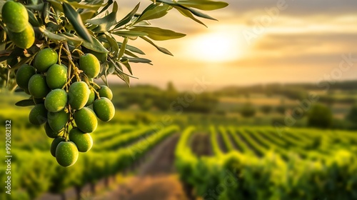 Olive fruits hanging a tree in a vineyard with grapevines and a Mediterranean landscape softly blurred behind evoking the connection between the land and produce Scientific name Olea europaea photo