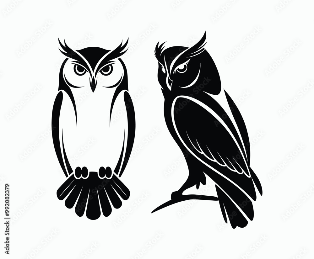 Fototapeta premium Owl bird silhouette editable EPS vector isolated illustration template on a white background