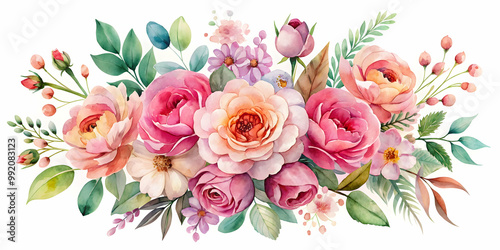 Watercolor painting of a beautiful flower arrangement in varying shades of pink , watercolor, flowers, pink, arrangement