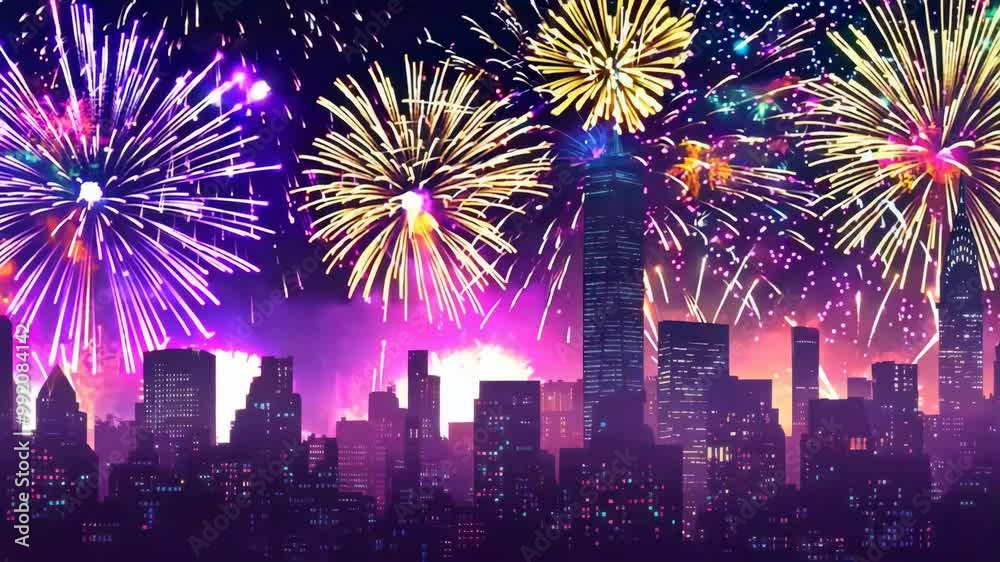 Vibrant fireworks lighting up the night sky over a city skyline during a celebration, 4K video Vibrant fireworks lighting up the night sky over a city skyline during a celebration, 4K video