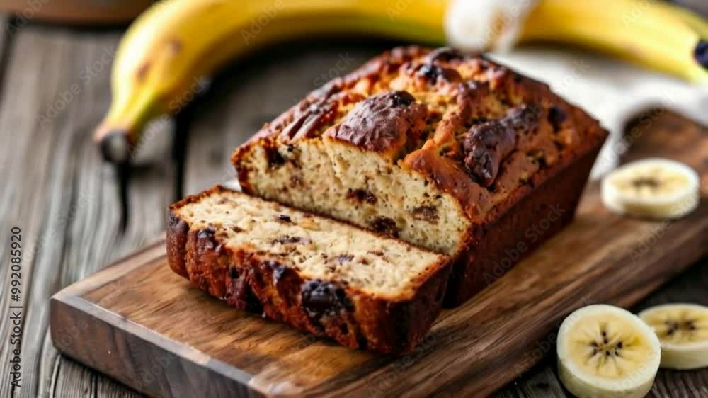 Banana bread on a cut board. Banana bread is a moist, sweet, cake-like bread made from mashed bananas, flour, sugar, eggs, butter, and baking soda. Banana bread on a cut board. Banana bread is a moist, sweet, cake-like bread made from mashed bananas, flour, sugar, eggs, butter, and baking soda.