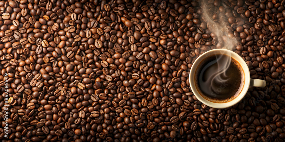Beige flat lay with a cup of coffee surrounded by roasted coffee beans, steam shape rising from the hot coffee