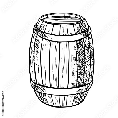 Vector wooden barrel. Hand drawn vintage illustration in engraved style. Alcohol, wine, beer or whiskey old wood keg. Great for pub or restaurant menu, label, poster, logo.