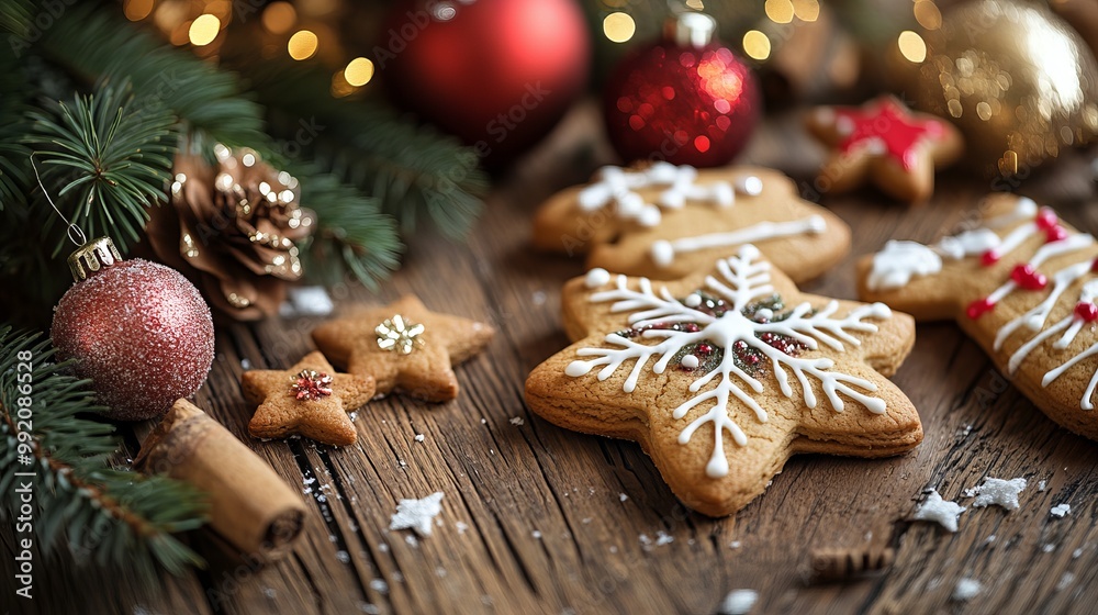 Festive Christmas cookies and pretty decorations arranged on a wooden table. Festive Christmas cookies and pretty decorations arranged on a wooden table.