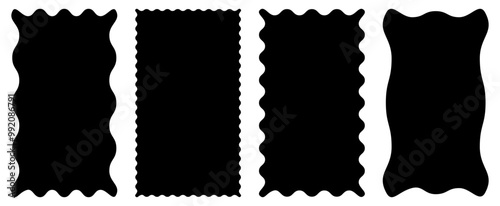 Retro zigzag wavy psychedelic rectangles set. Abstract vector groovy shapes.