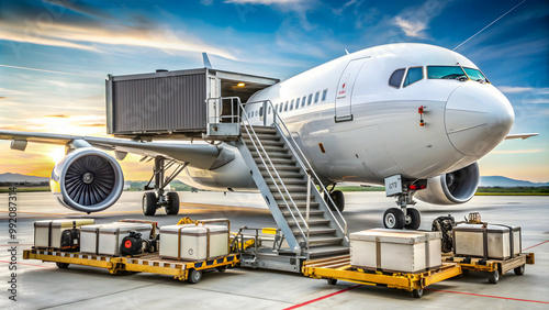 Air cargo freighter logistics loading luggage with high loader at the airport, air cargo, freighter, logistics, import