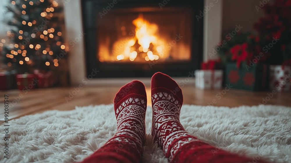 close up of feet in winter socks red during the christmas season, with a cozy fireplace and festive decorations