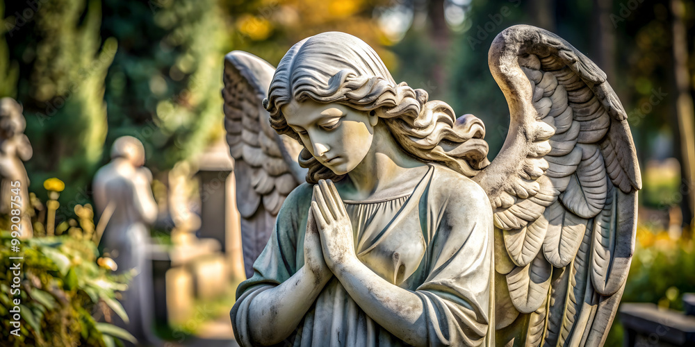 Obraz premium Sculpture of angel in prayer in a cemetery , angel, sculpture, praying, cemetery, religious, memorial, statue