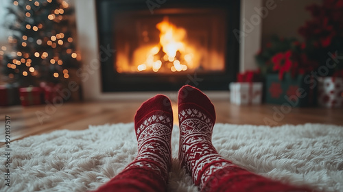 Obraz na płótnie close up of feet in winter socks red during the christmas season, with a cozy fireplace and festive decorations w salonie