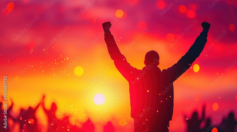 Triumph and Celebration - Double Exposure of Runner Crossing Finish Line with Fireworks and Cheering Crowd, Concept of Victory and Achievement with Copy Space. Triumph and Celebration - Double Exposure of Runner Crossing Finish Line with Fireworks and Cheering Crowd, Concept of Victory and Achievement with Copy Space.