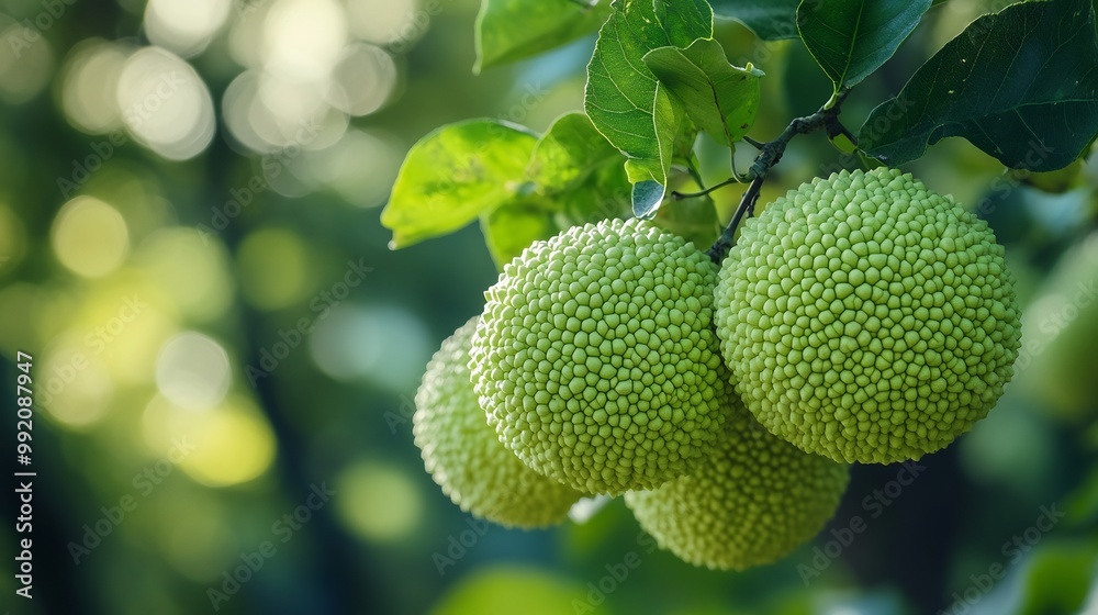 Osage orange fruits hanging a tree in a lush woodland with their bright green bumpy skin in focus and the dense forest softly blurred behind Scientific name Maclura pomifera Osage orange fruits hanging a tree in a lush woodland with their bright green bumpy skin in focus and the dense forest softly blurred behind Scientific name Maclura pomifera