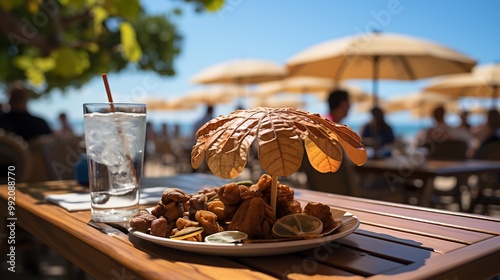 Osage orange fruits scattered across vibrant caf table beachside restaurant ocean waves and bright sun umbrellas softly blurred behind evoking a lively tropical vibe Scientific name Maclura pomifera
