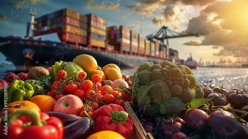 Fototapeta Naklejka Na Ścianę i Meble -  Cargo ship in the middle of the sea and close-up baskets with fruits and vegetables. cargo and food cargo ship concept