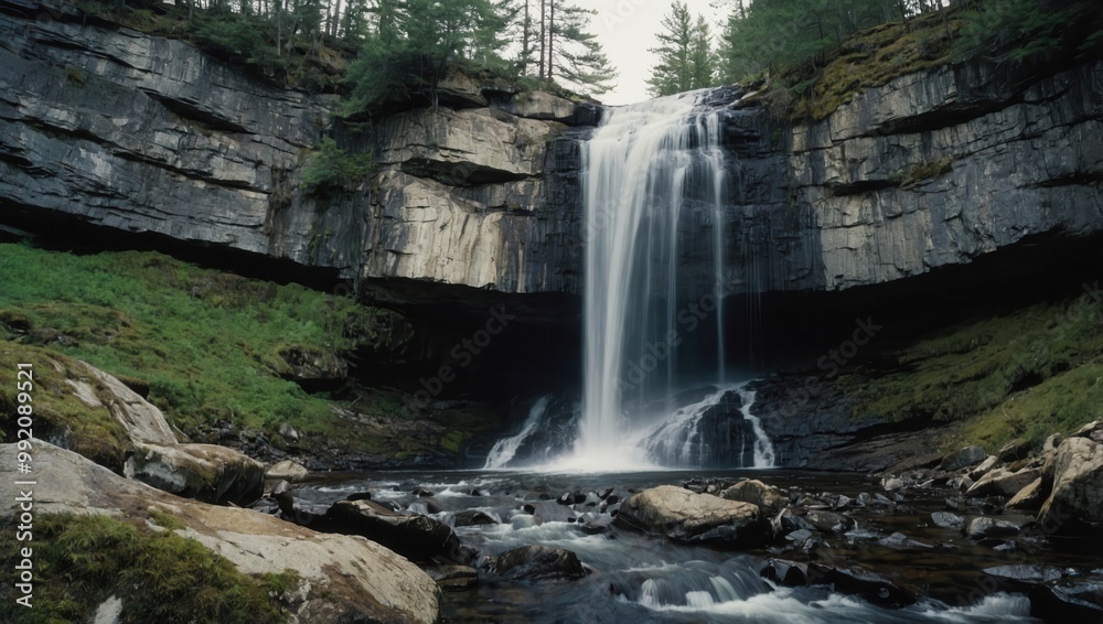 Scenic waterfall surrounded by lush greenery in a natural, untouched setting