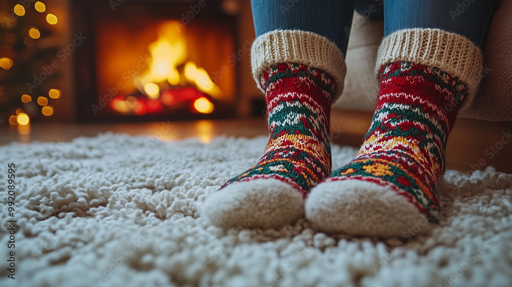 close up of feet in winter socks red during the christmas season, with a cozy fireplace and festive decorations