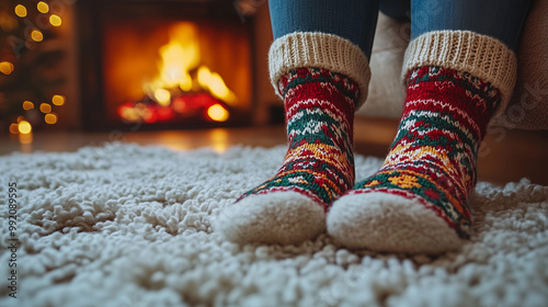 Obraz na płótnie close up of feet in winter socks red during the christmas season, with a cozy fireplace and festive decorations w salonie