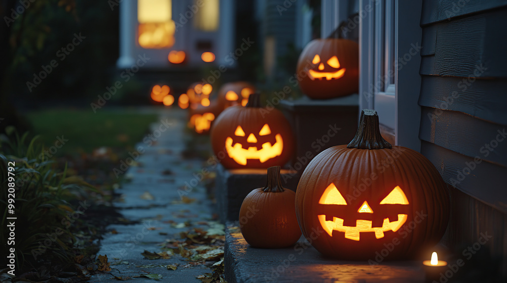 Fototapeta premium Spooky Jack-o'-Lanterns Lining the Stairway