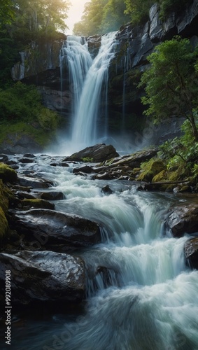 Scenic waterfall cascading over rocks into river with lush greenery