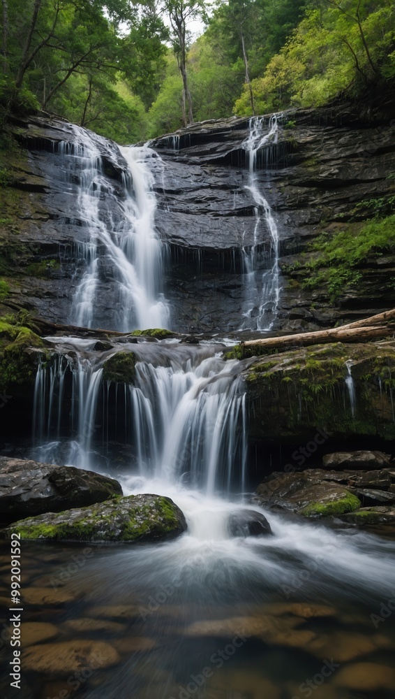 Natural waterfall cascading over mossy rocks with lush surrounding trees Natural waterfall cascading over mossy rocks with lush surrounding trees
