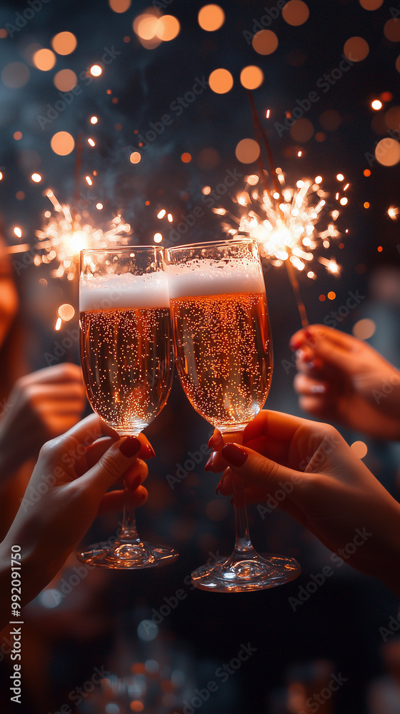 toasting with champagne glasses during a new year and christmas celebration, featuring starshaped fireworks and the presence of love and family