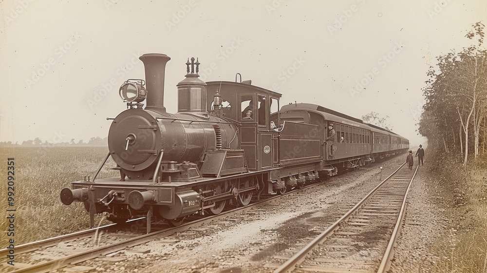 vintage Steam locomotive on rails . Retro photo of an old steam ...