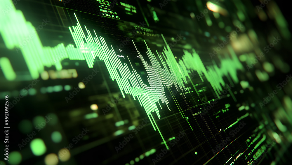 Digital green stock market chart with an upward-trending bar graph Digital green stock market chart with an upward-trending bar graph