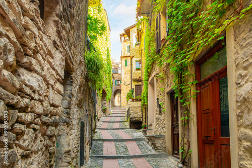 Fototapeta Naklejka Na Ścianę i Meble -  A narrow, hillside cobblestone alley in the medieval old town of the historic walled village of Dolceacqua, Italy, in the Liguria region of Northern Italy.
