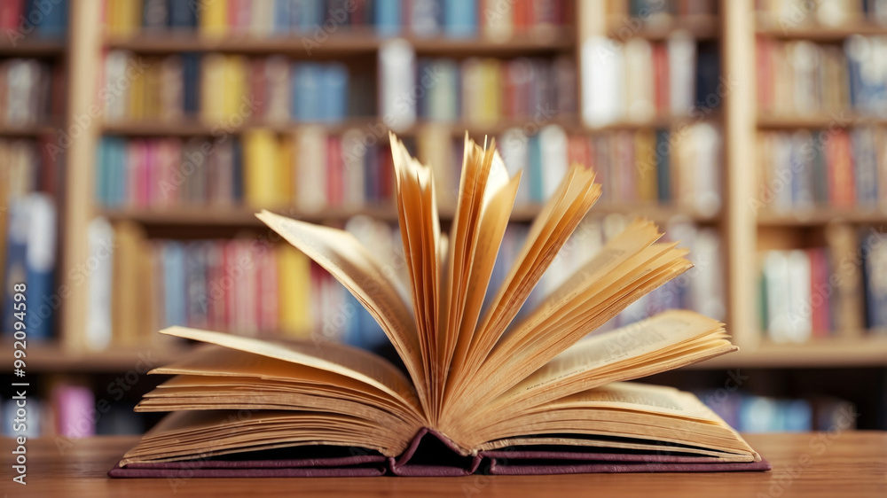 Open book with flipping pages in library background Open book with flipping pages in library background