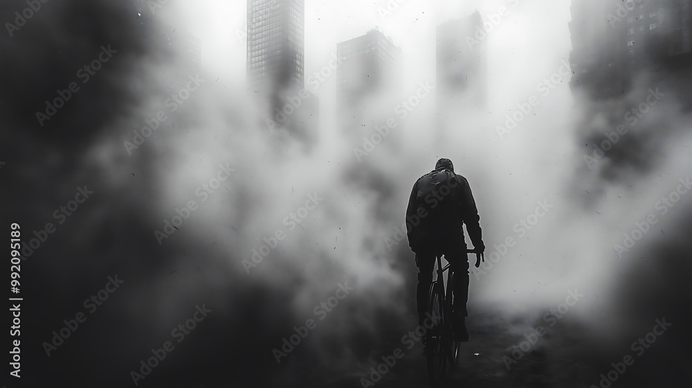 Lone cyclist wearing a mask riding through a city shrouded in thick smog with visibility extremely low captured in a highcontrast black and white style Lone cyclist wearing a mask riding through a city shrouded in thick smog with visibility extremely low captured in a highcontrast black and white style