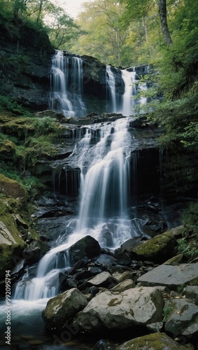 Serene waterfall scene surrounded by lush green foliage and rocky landscape