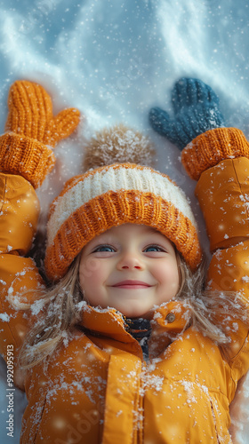 Obraz na płótnie girl in a yellow winter outfit with a happy hat, enjoying the snow and winter outdoors during her holiday childhood w salonie